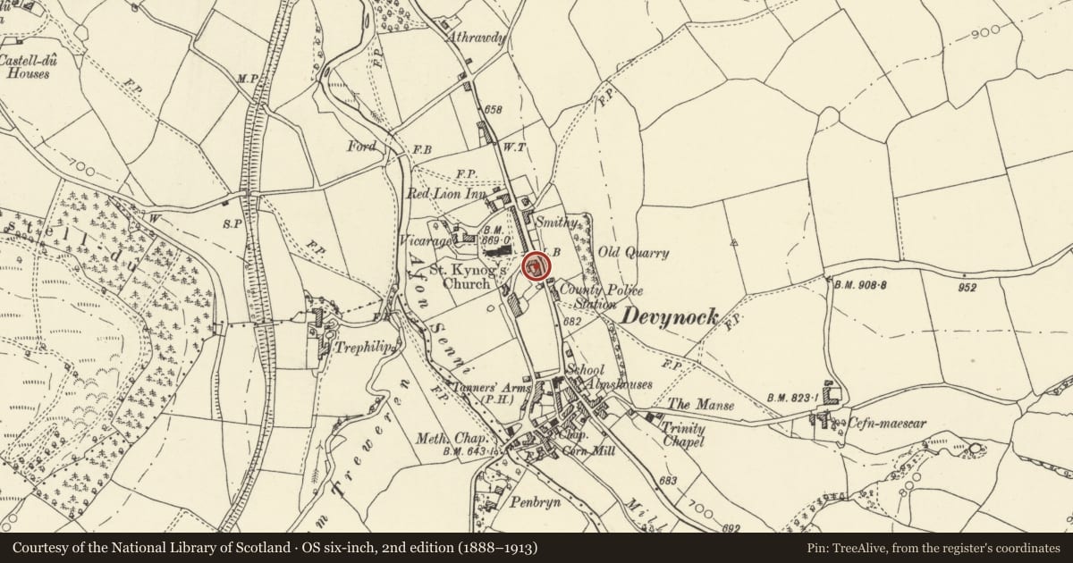 Ordnance Survey six-inch map, 2nd edition (1888–1913) covering the location of Kestrel Cottage, Maescar, Powys, with a pin at the register's coordinates