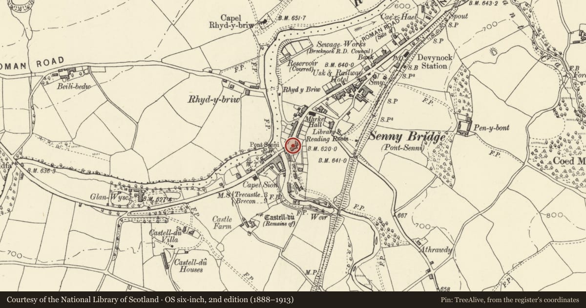 Ordnance Survey six-inch map, 2nd edition (1888–1913) covering the location of Maespoeth House, Maescar, Powys, with a pin at the register's coordinates
