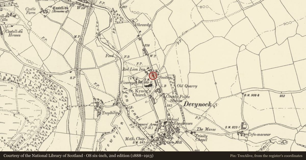 Ordnance Survey six-inch map, 2nd edition (1888–1913) covering the location of No 2 Church Row, Maescar, Powys, with a pin at the register's coordinates