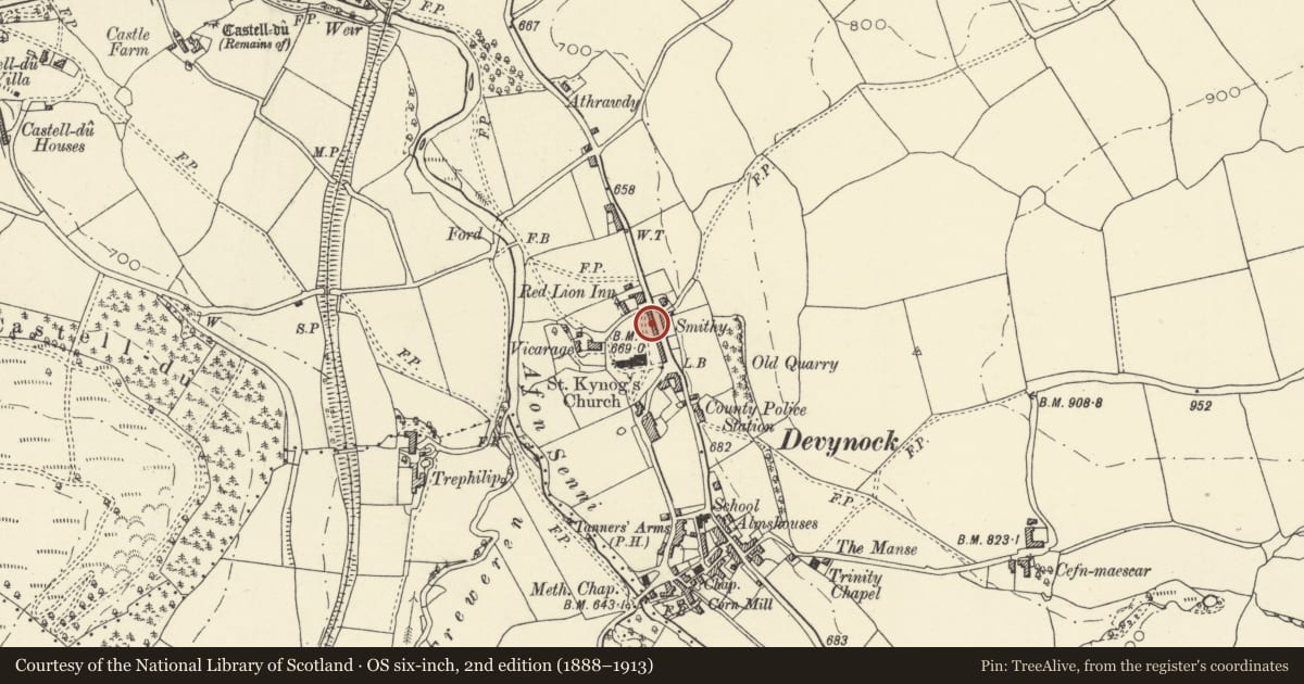 Ordnance Survey six-inch map, 2nd edition (1888–1913) covering the location of The Forge, No 3 Church Row, Maescar, Powys, with a pin at the register's coordinates