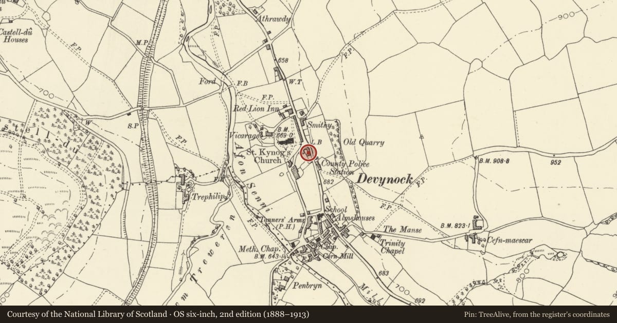 Ordnance Survey six-inch map, 2nd edition (1888–1913) covering the location of No.3 Bull Terrace, Maescar, Powys, with a pin at the register's coordinates