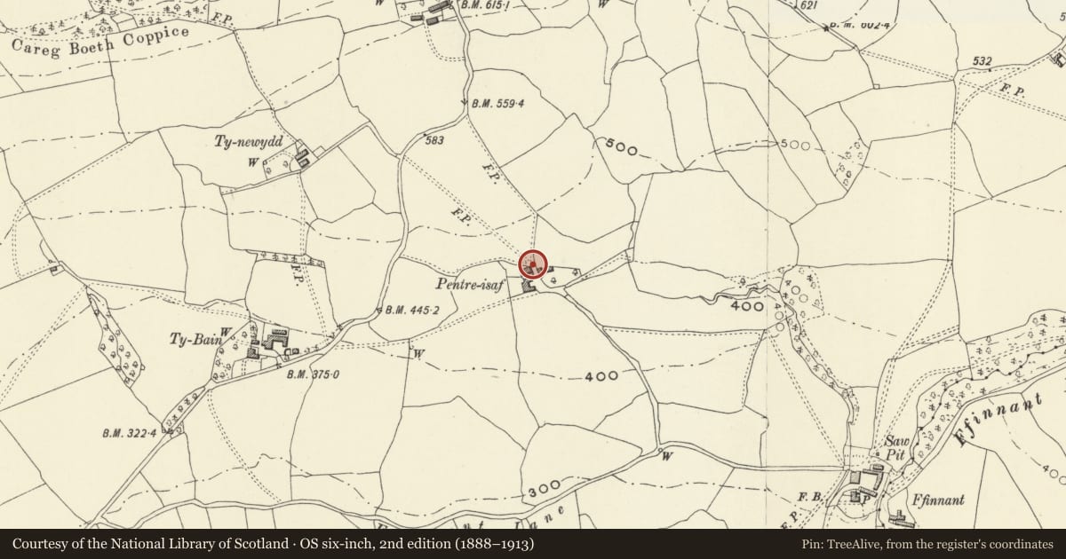 Ordnance Survey six-inch map, 2nd edition (1888–1913) covering the location of Barn at Pentre-isaf, Llanfechain, Powys, with a pin at the register's coordinates