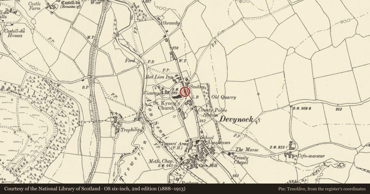 Ordnance Survey six-inch map, 2nd edition (1888–1913) covering the location of No 7 Church Row, Maescar, Powys, with a pin at the register's coordinates