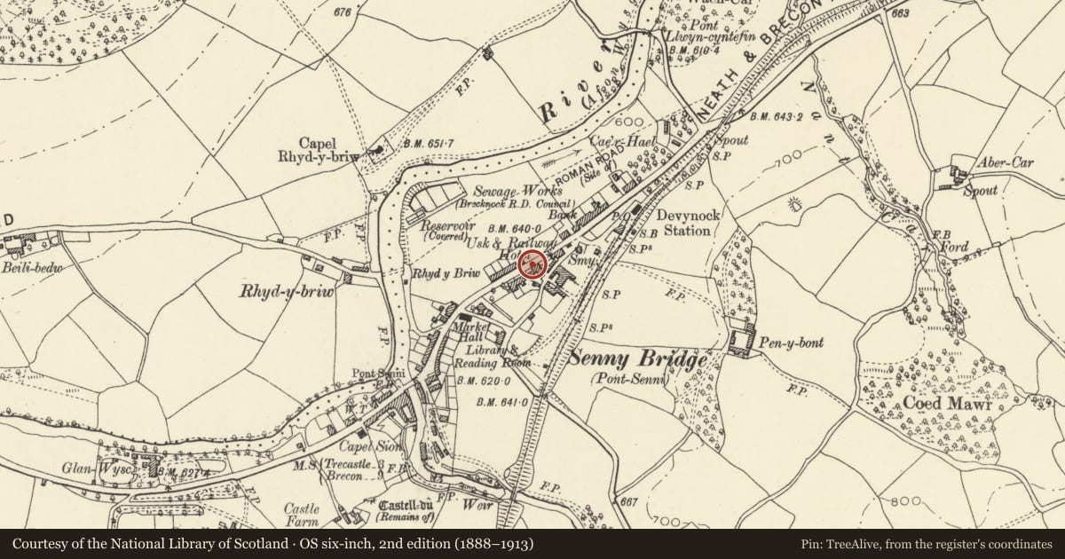 Ordnance Survey six-inch map, 2nd edition (1888–1913) covering the location of The former Drug Stores, Maescar, Powys, with a pin at the register's coordinates