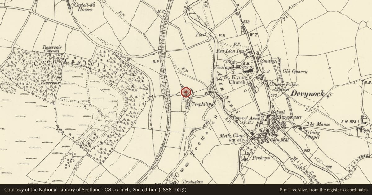 Ordnance Survey six-inch map, 2nd edition (1888–1913) covering the location of Trephilip, Maescar, Powys, with a pin at the register's coordinates