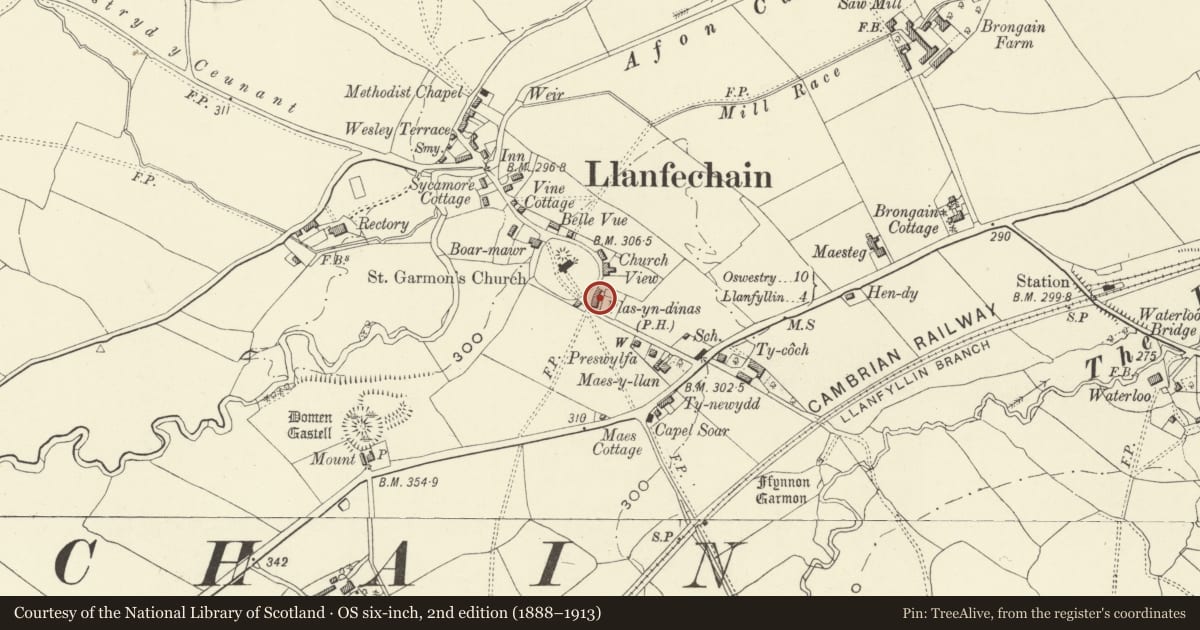 Ordnance Survey six-inch map, 2nd edition (1888–1913) covering the location of Plas-yn-dinas Public House, Llanfechain, Powys, with a pin at the register's coordinates