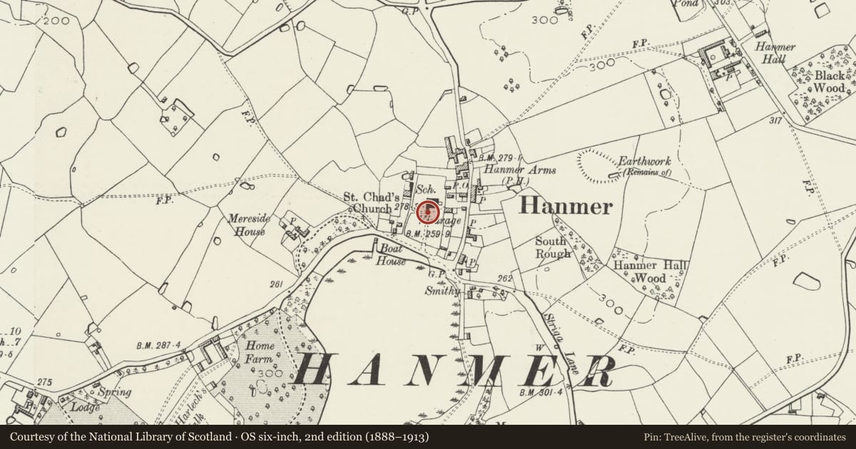 Ordnance Survey six-inch map, 2nd edition (1888–1913) covering the location of Sundial in Hanmer churchyard, Wrexham, with a pin at the register's coordinates