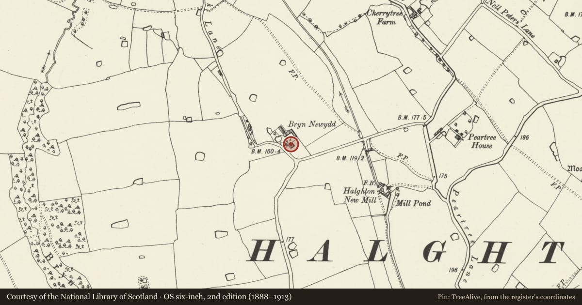 Ordnance Survey six-inch map, 2nd edition (1888–1913) covering the location of Bryn Newydd, Hanmer, Wrexham, with a pin at the register's coordinates