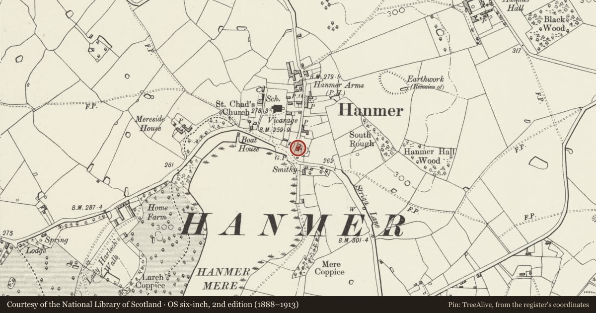 Ordnance Survey six-inch map, 2nd edition (1888–1913) covering the location of Chadwell and Hanmer Village Stores, Wrexham, with a pin at the register's coordinates