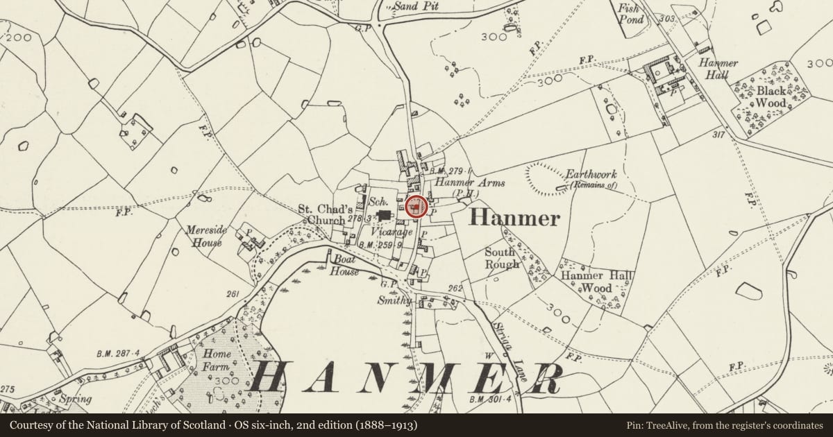 Ordnance Survey six-inch map, 2nd edition (1888–1913) covering the location of Cottage and butcher's shop, Hanmer, Wrexham, with a pin at the register's coordinates