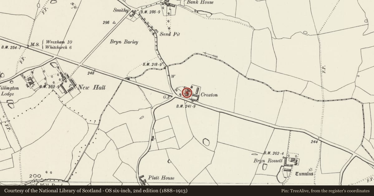 Ordnance Survey six-inch map, 2nd edition (1888–1913) covering the location of Croxton Farmhouse, Hanmer, Wrexham, with a pin at the register's coordinates
