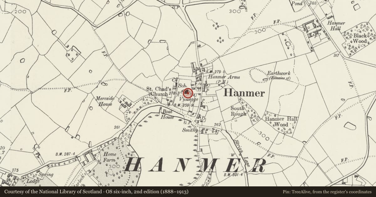 Ordnance Survey six-inch map, 2nd edition (1888–1913) covering the location of Gravestone of Edward Lloyd in Hanmer churchyard, Wrexham, with a pin at the register's coordinates