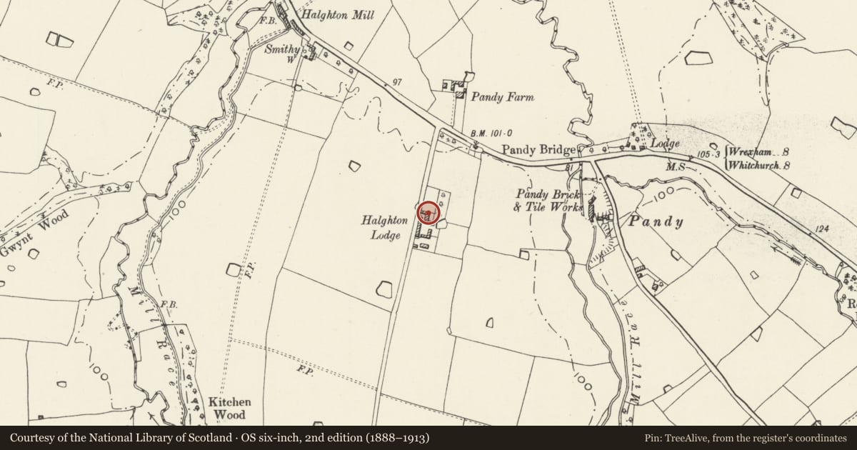 Ordnance Survey six-inch map, 2nd edition (1888–1913) covering the location of Halghton Lodge Farmhouse, Hanmer, Wrexham, with a pin at the register's coordinates