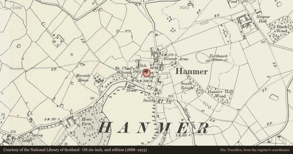 Ordnance Survey six-inch map, 2nd edition (1888–1913) covering the location of Hanmer churchyard cross, Wrexham, with a pin at the register's coordinates