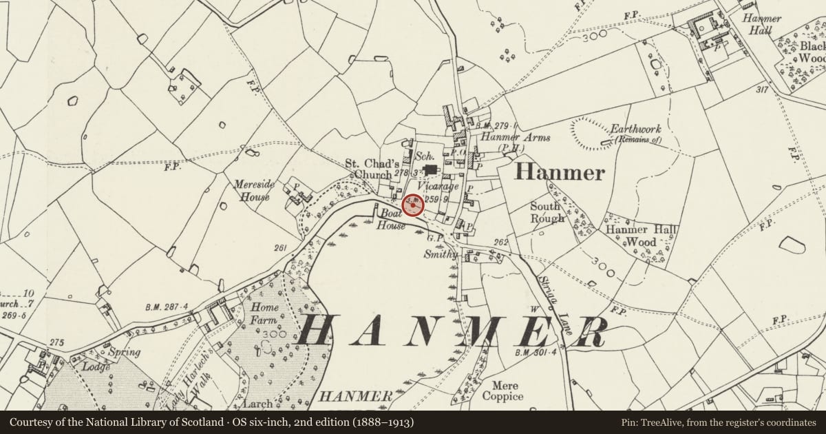 Ordnance Survey six-inch map, 2nd edition (1888–1913) covering the location of Hanmer war memorial, Wrexham, with a pin at the register's coordinates