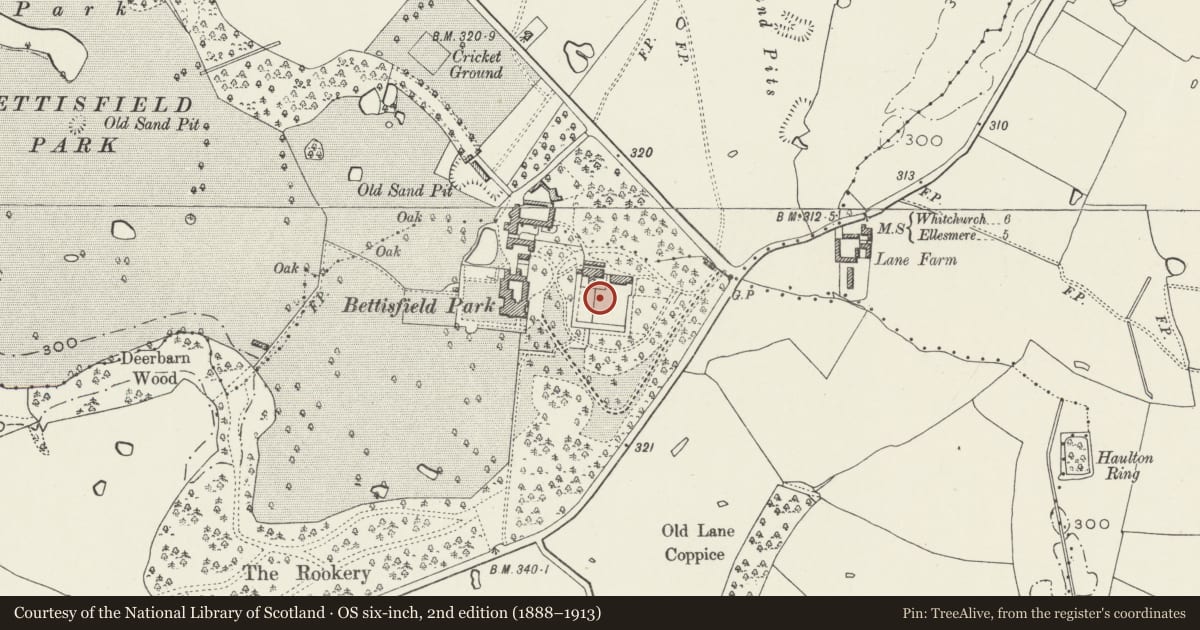 Ordnance Survey six-inch map, 2nd edition (1888–1913) covering the location of Kitchen garden walls, including former vine house, greenhouses and bothies at Bettisfield Park, Hanmer, Wrexham, with a pin at the register's coordinates