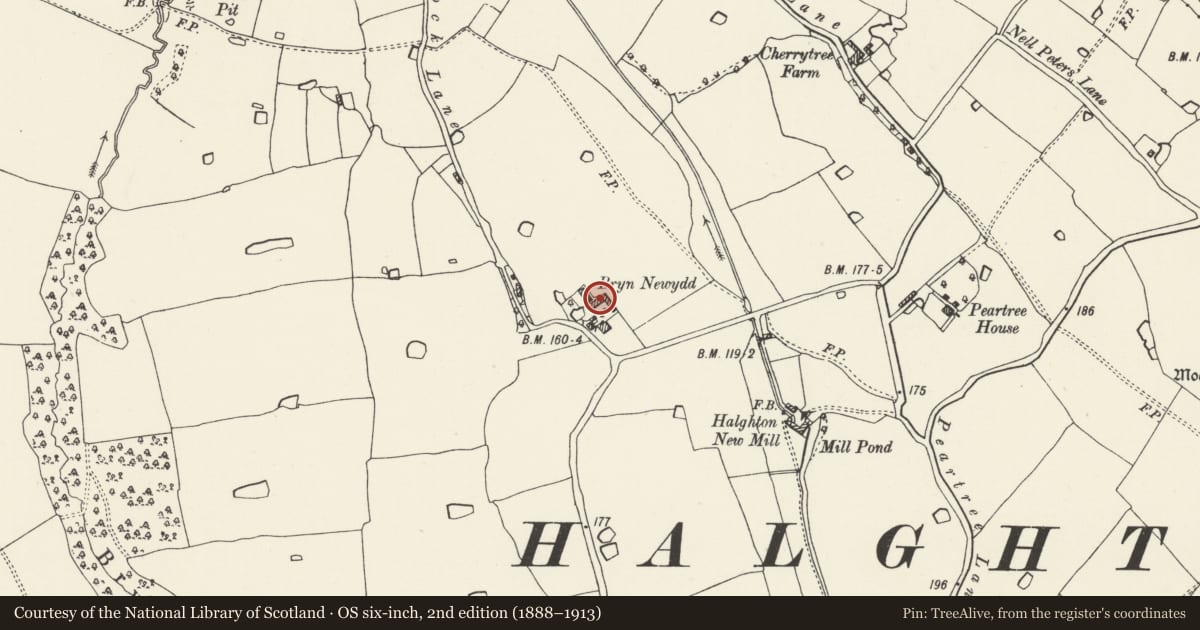 Ordnance Survey six-inch map, 2nd edition (1888–1913) covering the location of Multi-purpose farm building at Bryn Newydd, Hanmer, Wrexham, with a pin at the register's coordinates