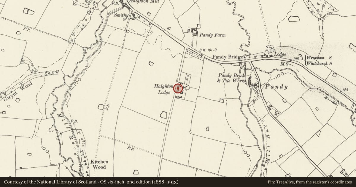 Ordnance Survey six-inch map, 2nd edition (1888–1913) covering the location of Multi-purpose farm building at Halghton Lodge, Hanmer, Wrexham, with a pin at the register's coordinates