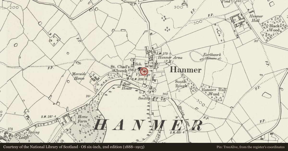 Ordnance Survey six-inch map, 2nd edition (1888–1913) covering the location of Nickson family tombs, including railings, in Hanmer churchyard, Wrexham, with a pin at the register's coordinates