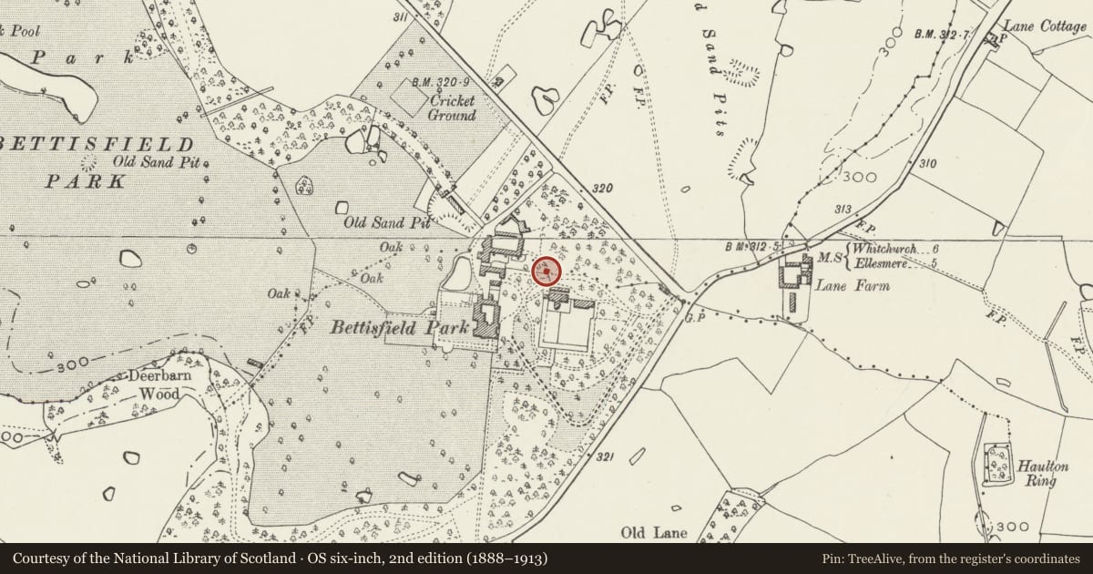 Ordnance Survey six-inch map, 2nd edition (1888–1913) covering the location of Onion tower and attached walls at Bettisfield Park, Hanmer, Wrexham, with a pin at the register's coordinates