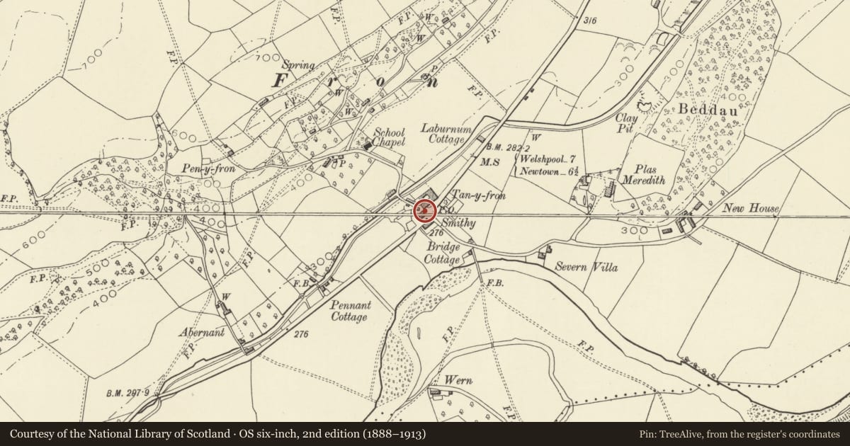Ordnance Survey six-inch map, 2nd edition (1888–1913) covering the location of Telephone Call-box in front of Fron Post Office Stores, Berriew, Powys, with a pin at the register's coordinates