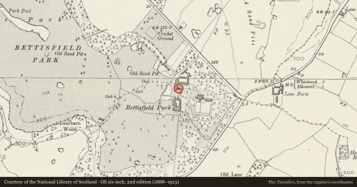 Ordnance Survey six-inch map, 2nd edition (1888–1913) covering the location of The Stables at Bettisfield Park, Hanmer, Wrexham, with a pin at the register's coordinates