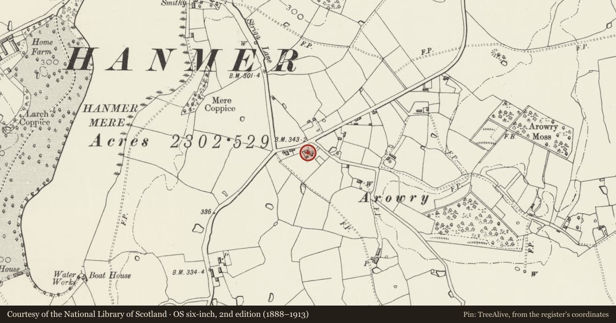 Ordnance Survey six-inch map, 2nd edition (1888–1913) covering the location of Top House Farmhouse, Hanmer, Wrexham, with a pin at the register's coordinates