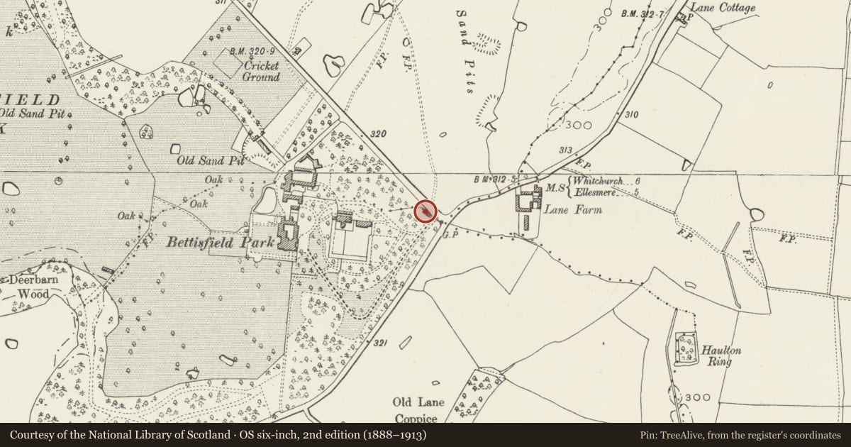 Ordnance Survey six-inch map, 2nd edition (1888–1913) covering the location of Top Lodge, Hanmer, Wrexham, with a pin at the register's coordinates