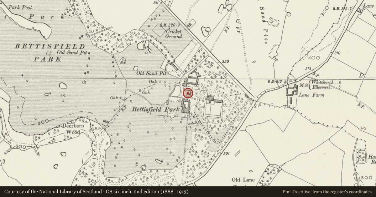 Ordnance Survey six-inch map, 2nd edition (1888–1913) covering the location of Water tower at Bettisfield Park, Hanmer, Wrexham, with a pin at the register's coordinates
