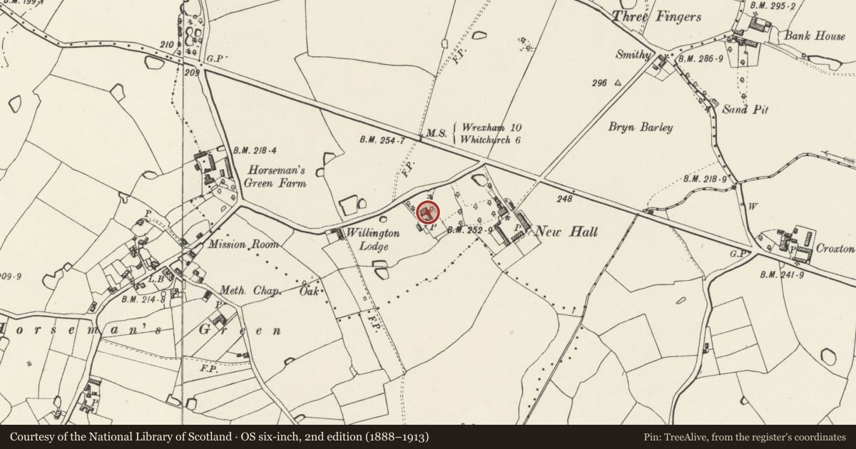 Ordnance Survey six-inch map, 2nd edition (1888–1913) covering the location of Willington Lodge, including attached farm buildings, Hanmer, Wrexham, with a pin at the register's coordinates