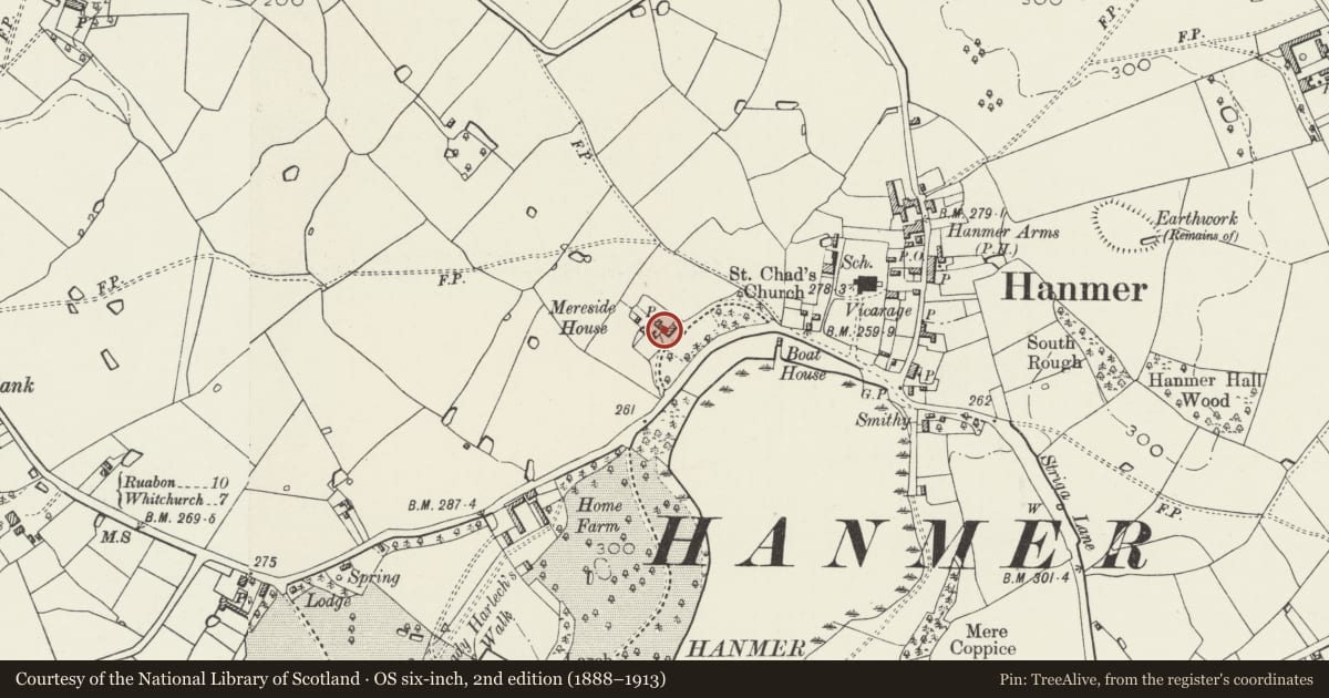Ordnance Survey six-inch map, 2nd edition (1888–1913) covering the location of Mere House, Hanmer, Wrexham, with a pin at the register's coordinates