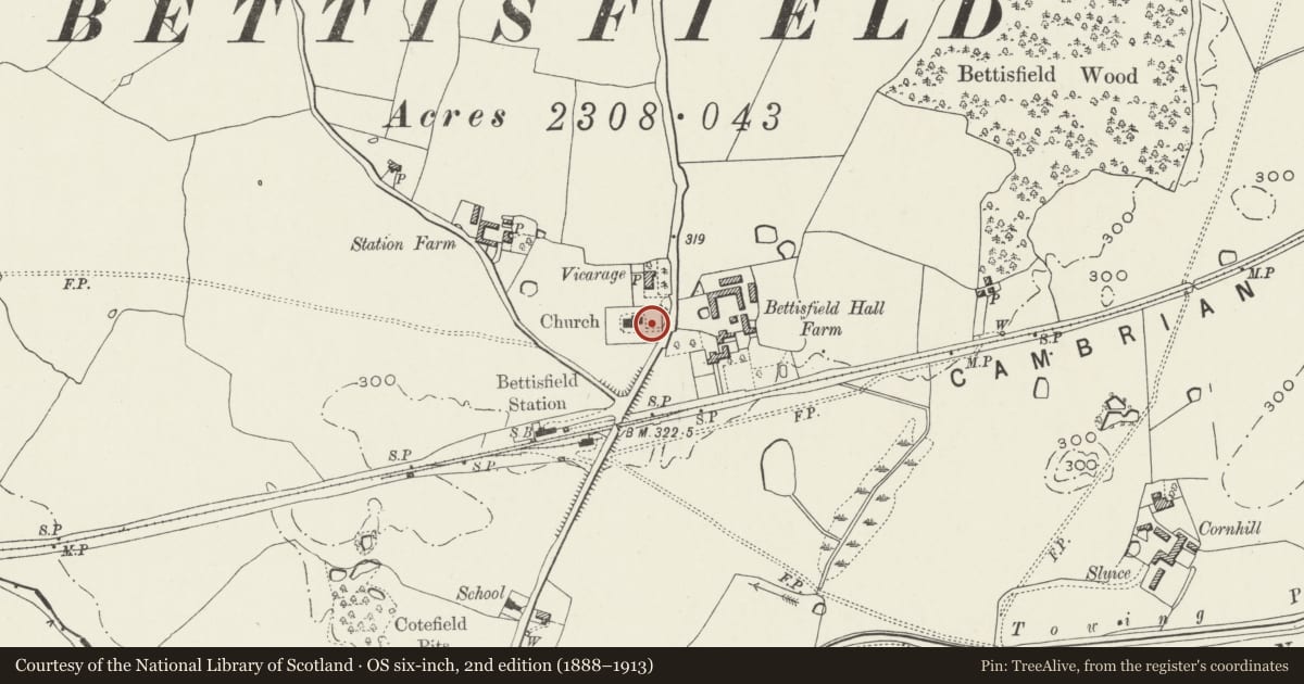 Ordnance Survey six-inch map, 2nd edition (1888–1913) covering the location of Bettisfield war memorial, Maelor South, Wrexham, with a pin at the register's coordinates
