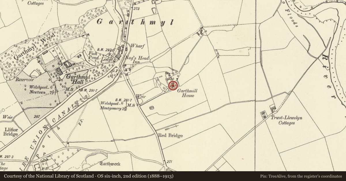 Ordnance Survey six-inch map, 2nd edition (1888–1913) covering the location of Garthmyl House, Berriew, Powys, with a pin at the register's coordinates