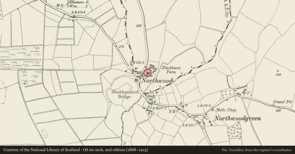 Ordnance Survey six-inch map, 2nd edition (1888–1913) covering the location of Blackhurst Farmhouse, Maelor South, Wrexham, with a pin at the register's coordinates