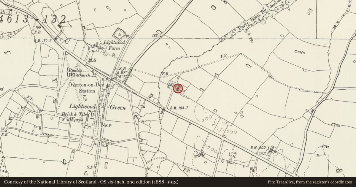 Ordnance Survey six-inch map, 2nd edition (1888–1913) covering the location of Bryn Aber, Maelor South, Wrexham, with a pin at the register's coordinates