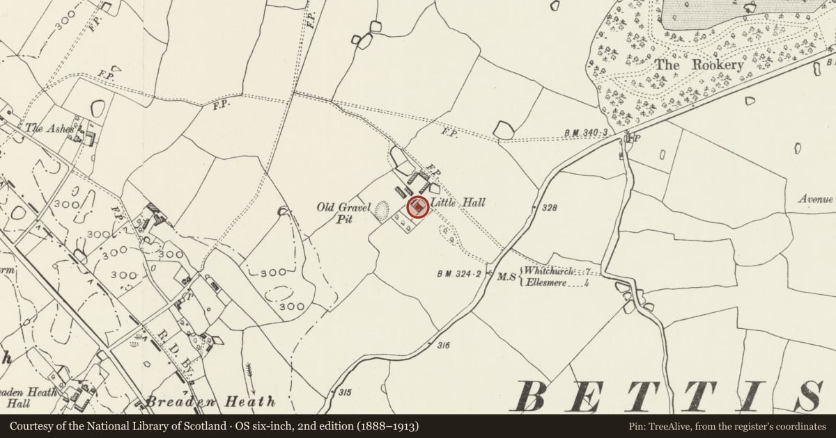 Ordnance Survey six-inch map, 2nd edition (1888–1913) covering the location of Little Hall Farmhouse, Maelor South, Wrexham, with a pin at the register's coordinates