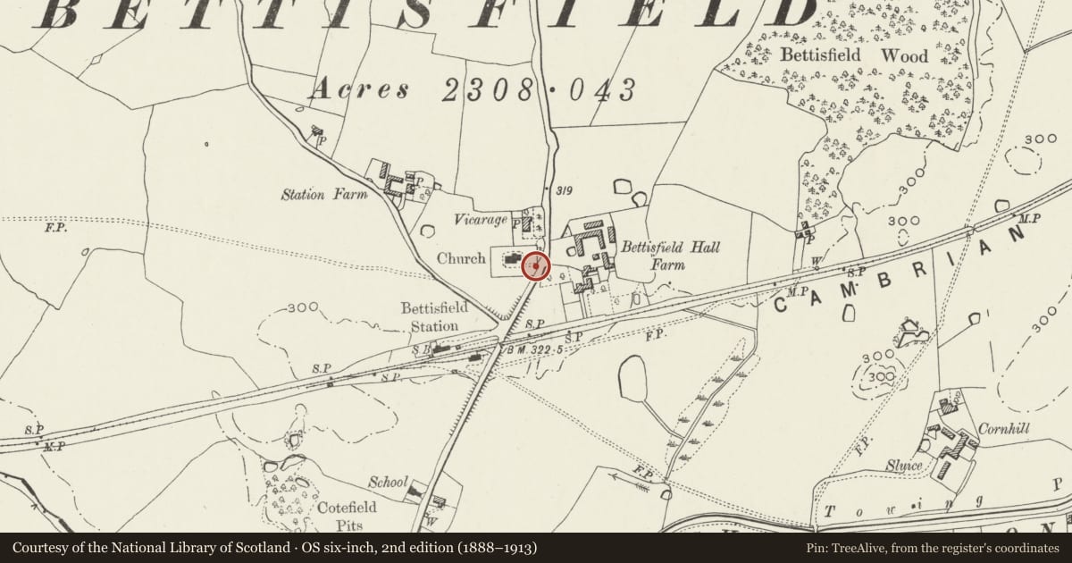Ordnance Survey six-inch map, 2nd edition (1888–1913) covering the location of Lych gate at Church of St John the Baptist, Maelor South, Wrexham, with a pin at the register's coordinates