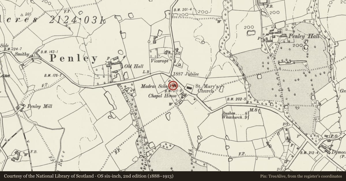 Ordnance Survey six-inch map, 2nd edition (1888–1913) covering the location of Madras Voluntary Aided School, Maelor South, Wrexham, with a pin at the register's coordinates