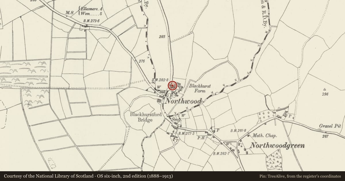 Ordnance Survey six-inch map, 2nd edition (1888–1913) covering the location of Multi-purpose farm building at Blackhurst Farm, Maelor South, Wrexham, with a pin at the register's coordinates