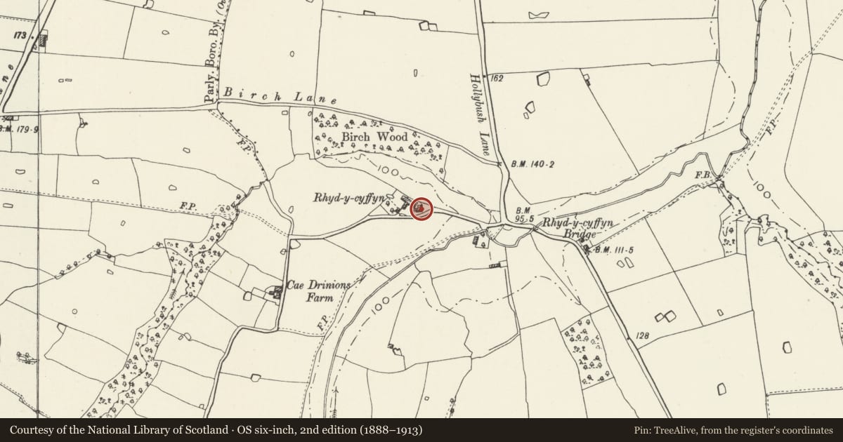 Ordnance Survey six-inch map, 2nd edition (1888–1913) covering the location of Rhyd-y-cyffin Farmhouse, Maelor South, Wrexham, with a pin at the register's coordinates