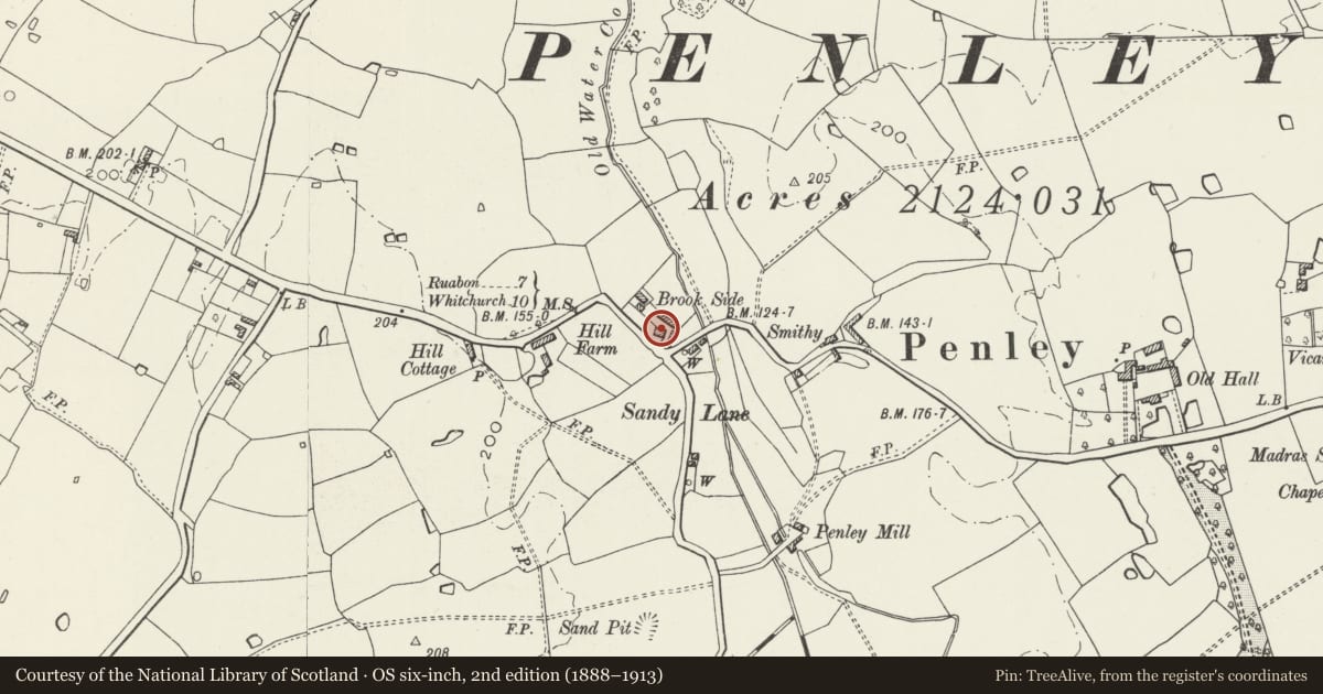 Ordnance Survey six-inch map, 2nd edition (1888–1913) covering the location of Sandy Lane Farmhouse, Maelor South, Wrexham, with a pin at the register's coordinates