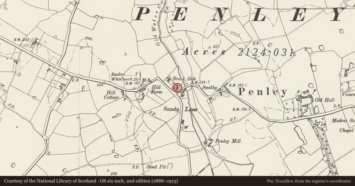 Ordnance Survey six-inch map, 2nd edition (1888–1913) covering the location of Shippon (former barn) at Sandy Lane Farm, Maelor South, Wrexham, with a pin at the register's coordinates