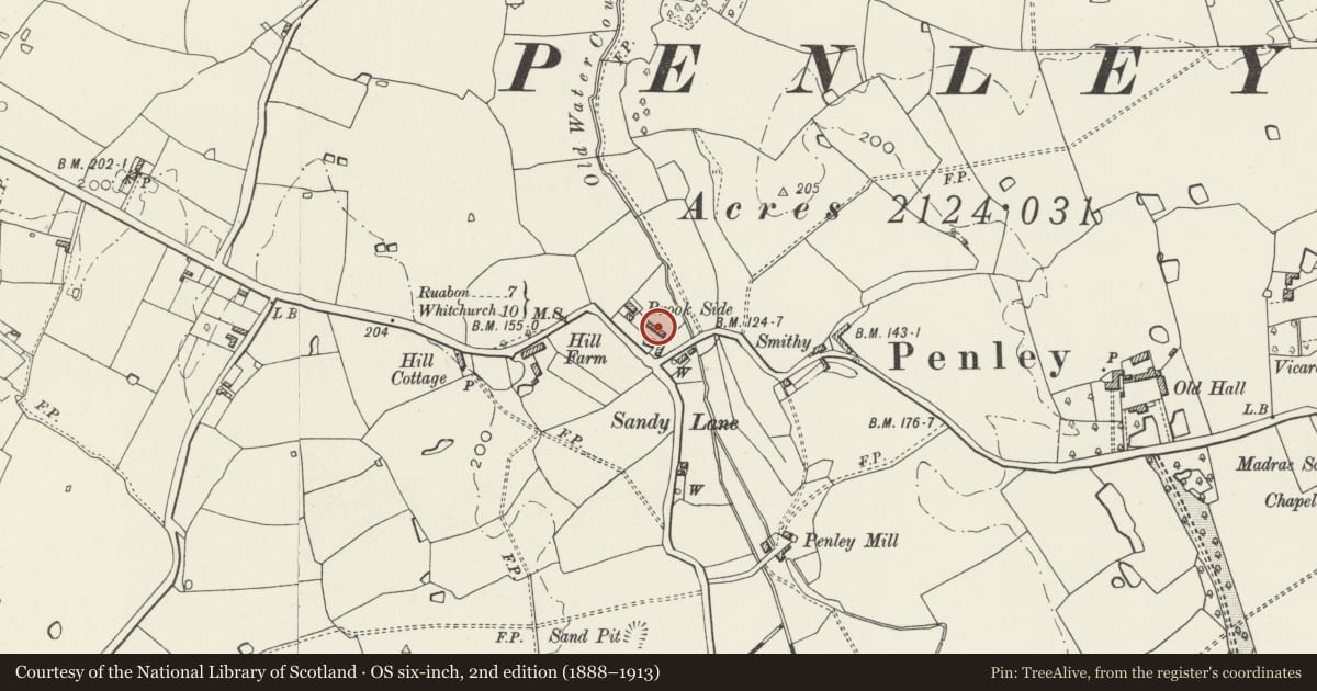 Ordnance Survey six-inch map, 2nd edition (1888–1913) covering the location of Stable and shippon at Sandy Lane Farm, Maelor South, Wrexham, with a pin at the register's coordinates