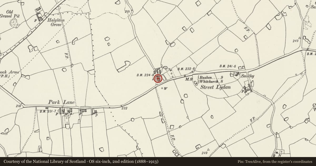 Ordnance Survey six-inch map, 2nd edition (1888–1913) covering the location of Stryt Lydan, Maelor South, Wrexham, with a pin at the register's coordinates