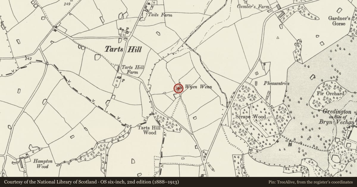 Ordnance Survey six-inch map, 2nd edition (1888–1913) covering the location of Wyen Wenn Farmhouse, Maelor South, Wrexham, with a pin at the register's coordinates