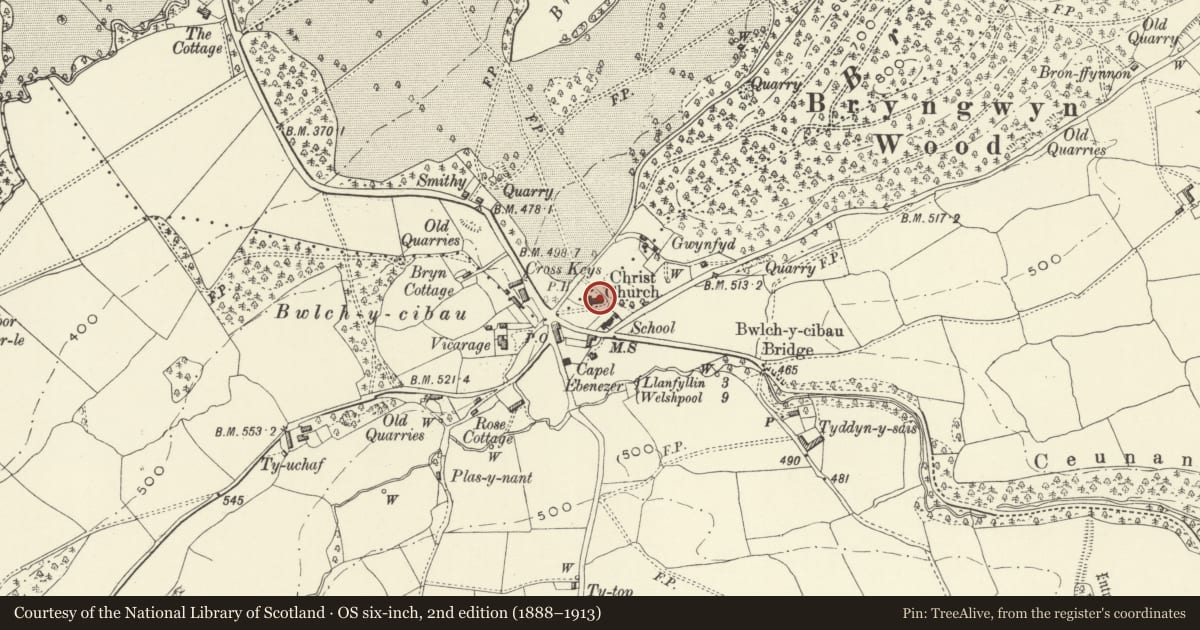 Ordnance Survey six-inch map, 2nd edition (1888–1913) covering the location of Christ Church Parish Church, Meifod, Powys, with a pin at the register's coordinates