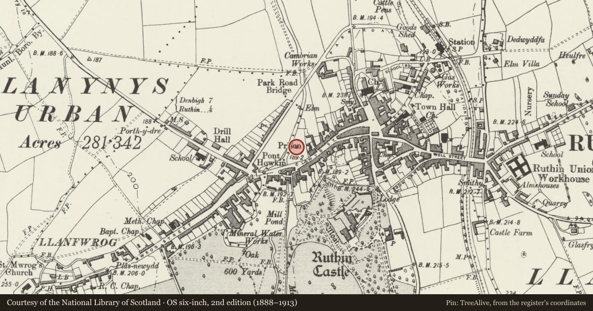 Ordnance Survey six-inch map, 2nd edition (1888–1913) covering the location of The Old Gaol, Ruthin, Denbighshire, with a pin at the register's coordinates