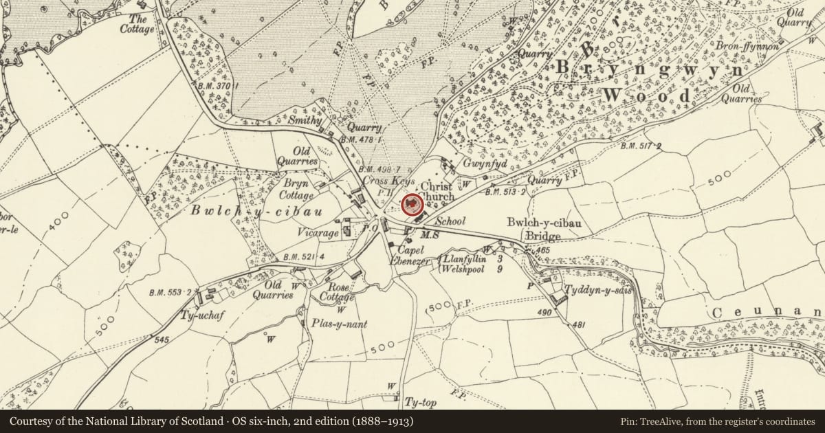 Ordnance Survey six-inch map, 2nd edition (1888–1913) covering the location of Sundial in the Churchyard to Christ Church Parish Church, Meifod, Powys, with a pin at the register's coordinates