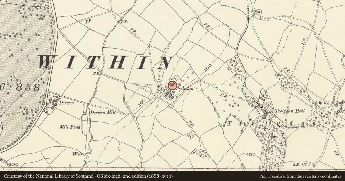 Ordnance Survey six-inch map, 2nd edition (1888–1913) covering the location of Lower Trelydan Farmhouse, Welshpool, Powys, with a pin at the register's coordinates