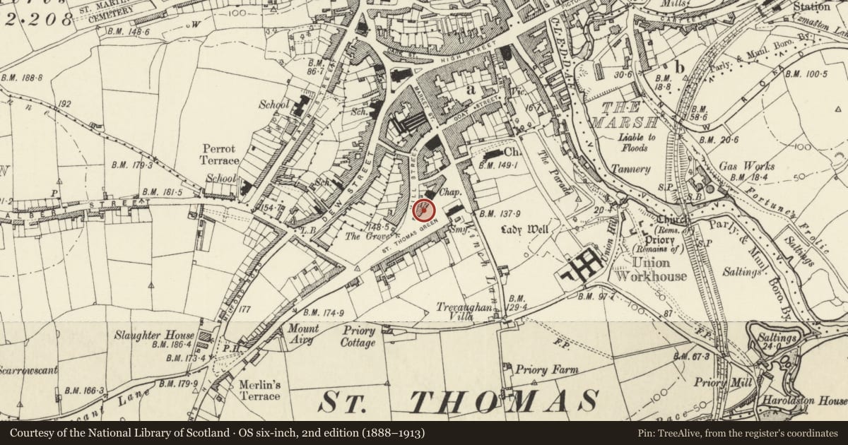 Ordnance Survey six-inch map, 2nd edition (1888–1913) covering the location of 13 Albany Terrace, Haverfordwest, Pembrokeshire, with a pin at the register's coordinates